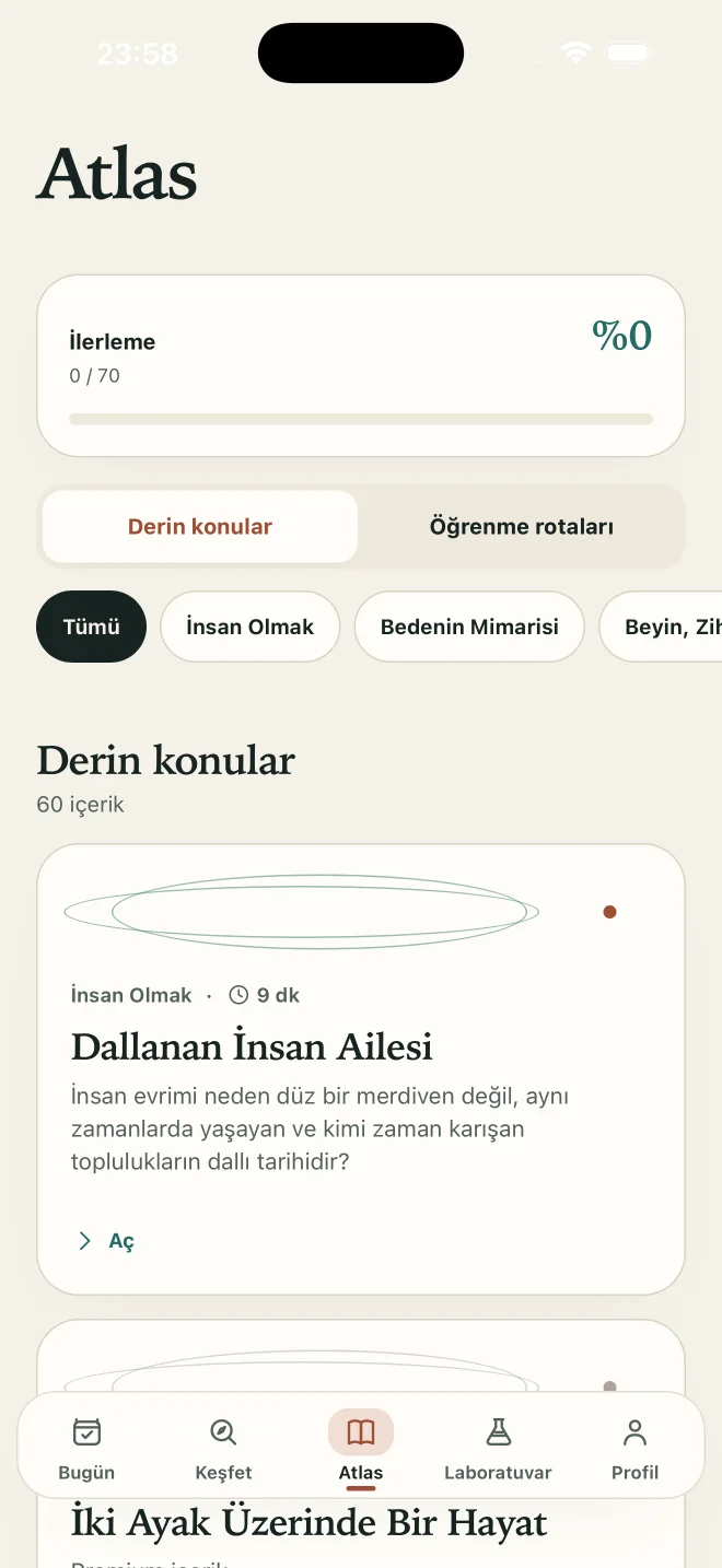 İnsanlık Atlası atlas ekranında derin konular ve öğrenme rotaları