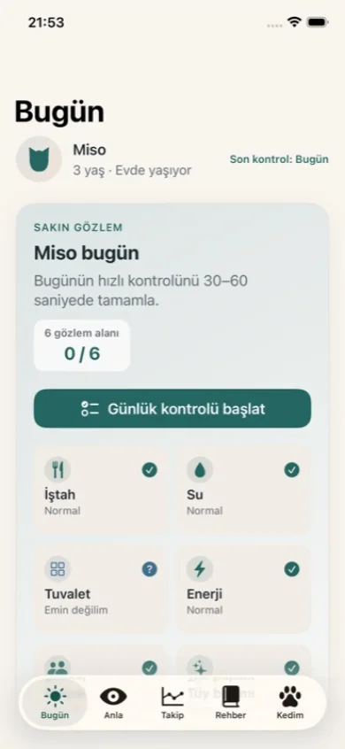 Kedini Anla prototip bugün ekranında günlük hızlı kontrol