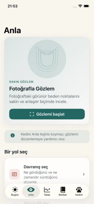 Kedini Anla prototip anla ekranında fotoğrafla gözlem akışı