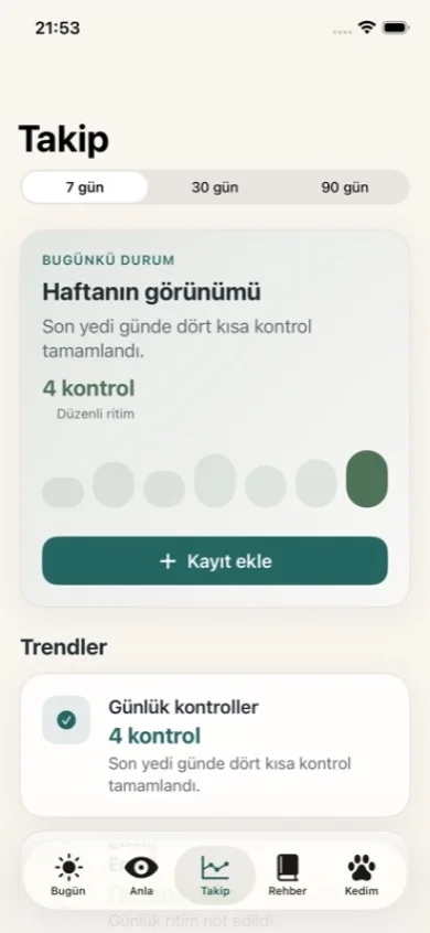 Kedini Anla prototip takip ekranında haftalık gözlem zaman çizelgesi