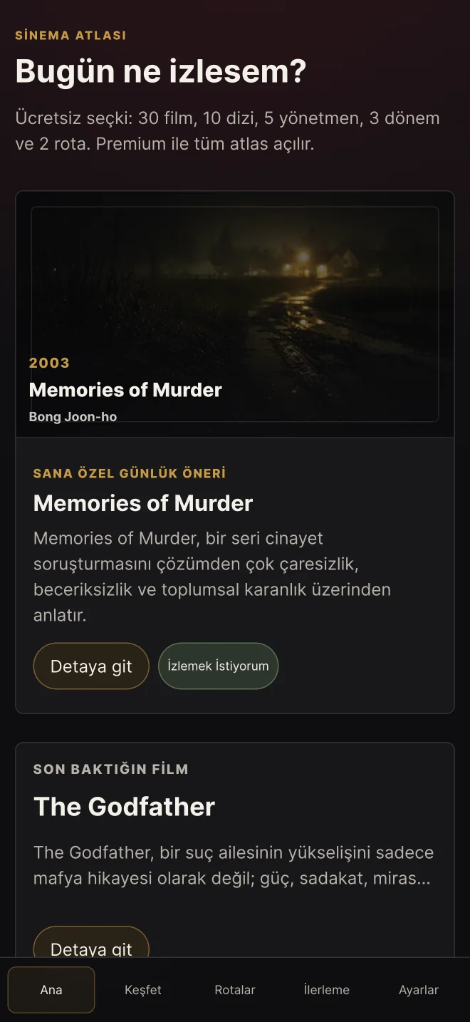 Sinema Atlası ana ekranında günlük film önerisi ve izleme seçenekleri