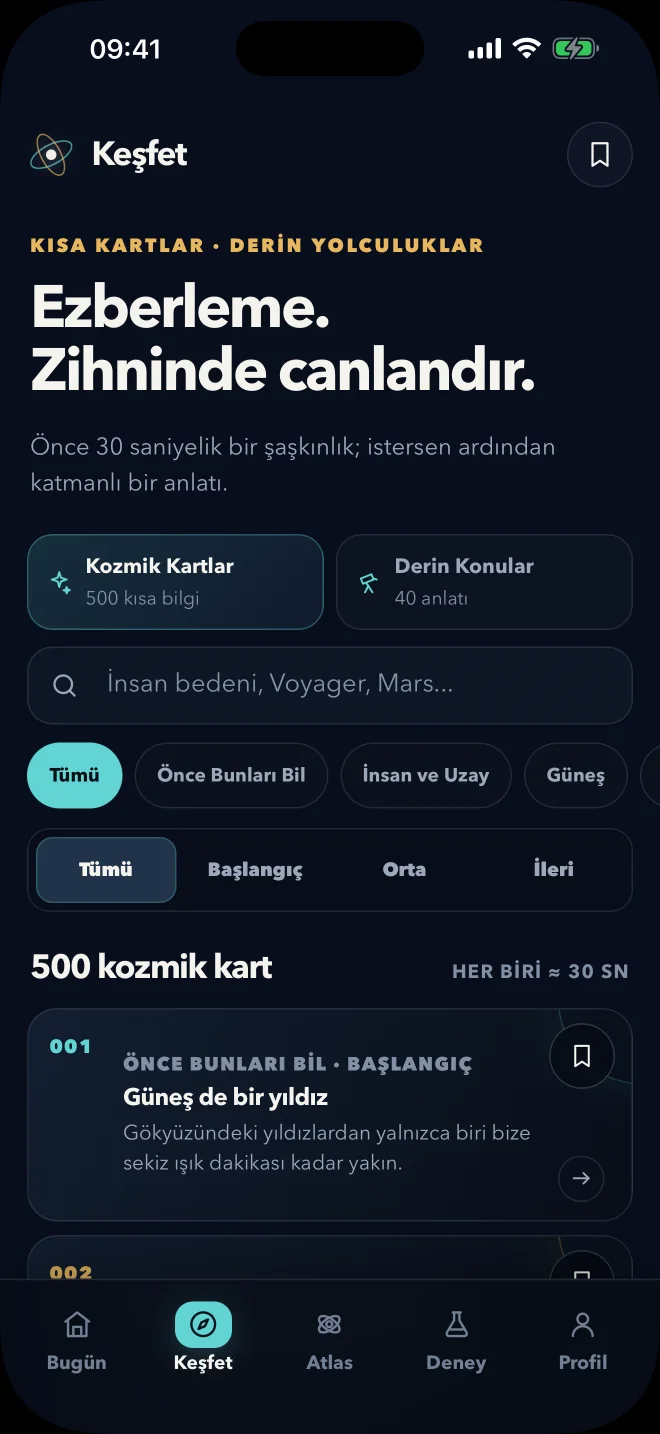Uzay Atlası keşfet ekranında kozmik kartlar ve derin konular